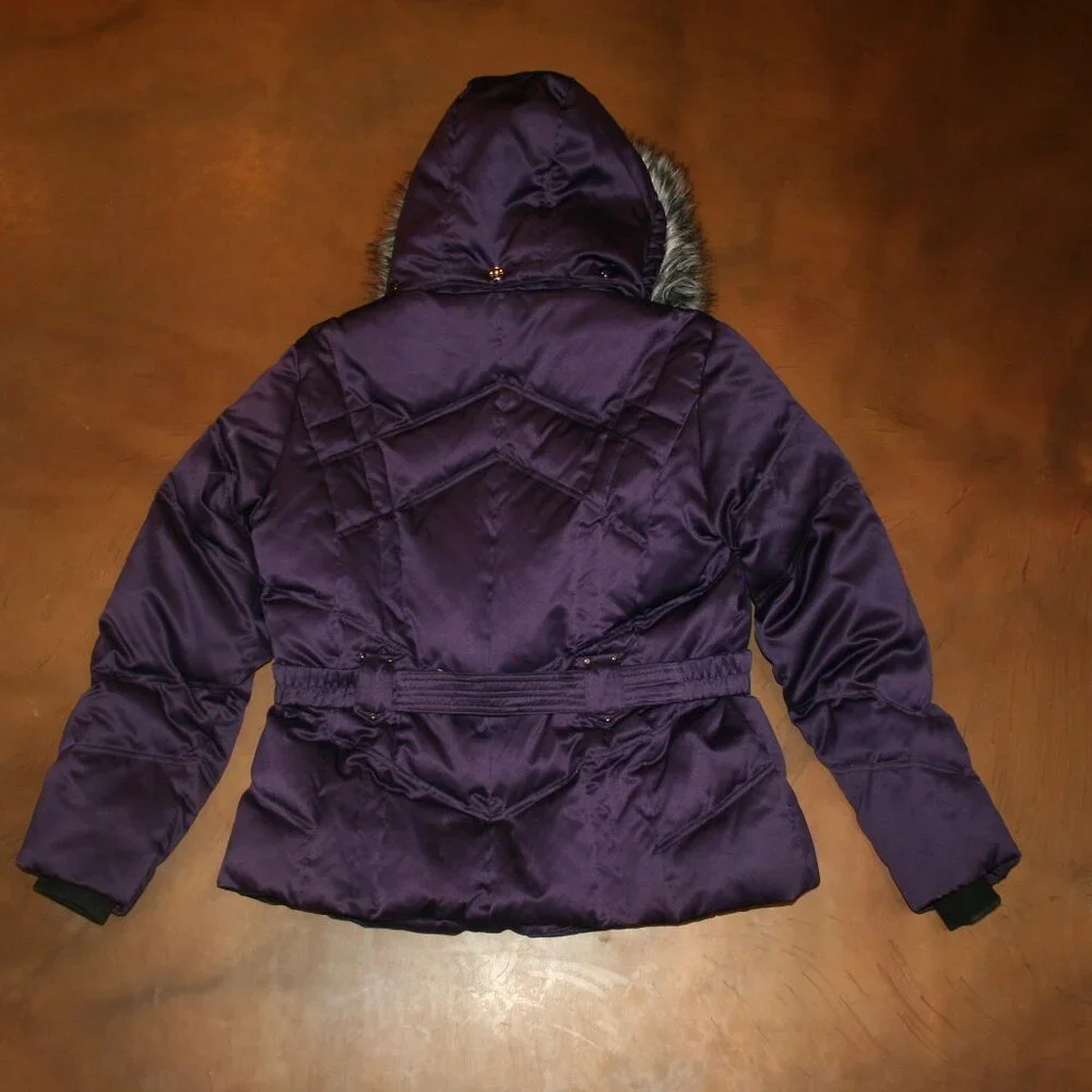 A.N.A Purple XL Down Puffer Faux Fur Trim Hood Zip Snap Jacket Coat Belt Winter - Picture 9 of 12